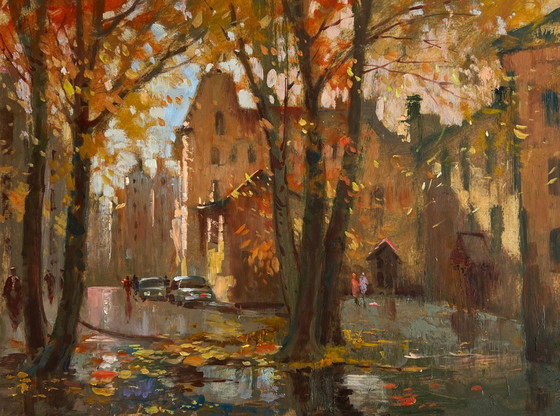 Image 1 of Original Oil Painting Autumn City Landscape Streets in autumn leaves