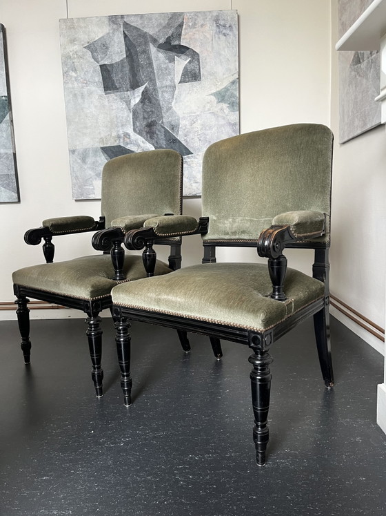 French Armchairs, Black Lacquered Wood, Olive Green Velvet (photo 3 of 15)