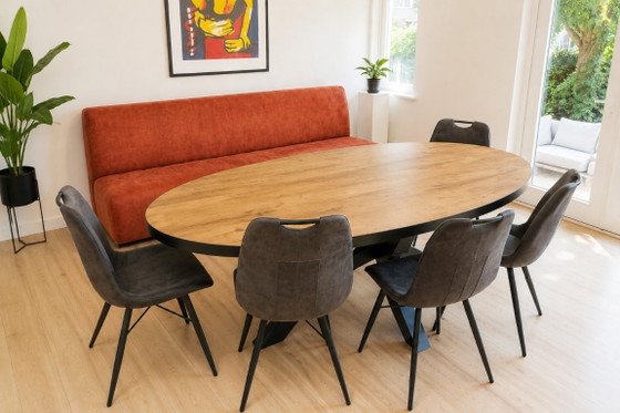 Terracotta dining bench | 230 cm | Design bench – HACO, 3-5 seaters, Metal, Textile (photo 5 of 5)