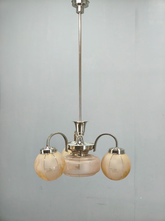 Image 1 of Art-Deco-Kronleuchter aus rosafarbenem Glas, Tschechoslowakei, 1940er Jahre
