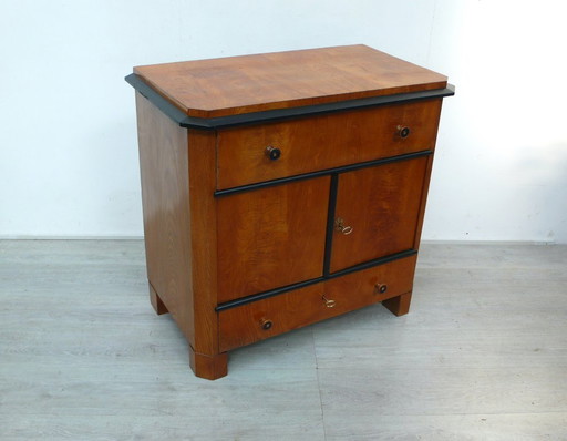 Biedermeier washstand chest of drawers, wash cabinet antique around 1850, ash and black