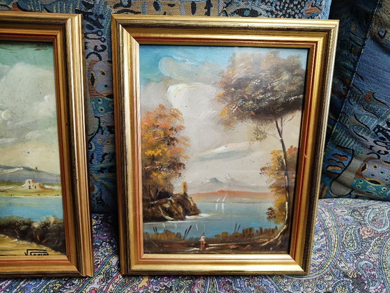 Antique Italian Oil Paintings on Panel with Gold Leaf Frame, Early 20th Century – Paintings & Drawings, Wood (photo 3 of 7)