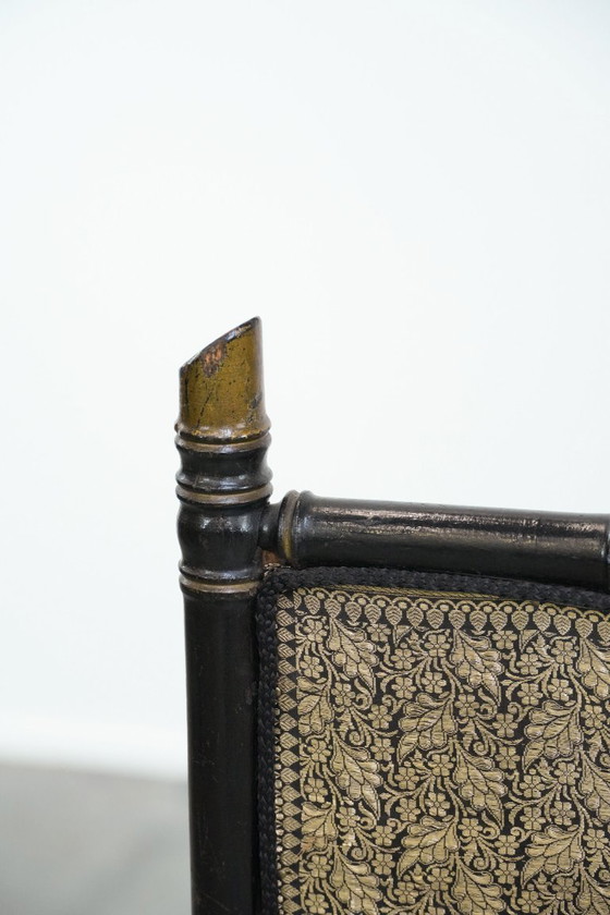 Image 1 of Antiek Frans faux bamboo haardscherm met een luxe stof