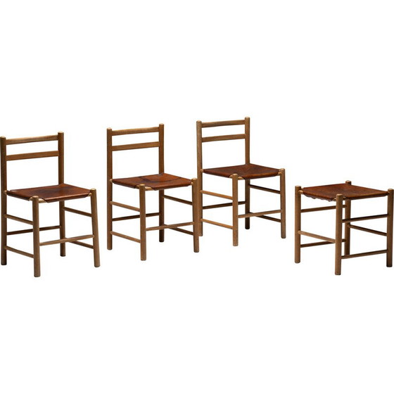 Image 1 of Ensemble de 3 chaises et tabouret vintage en cognac, France années 1950