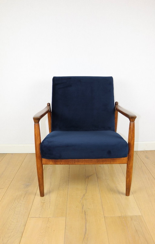 GFM-64 armchair, design by Edmund Homa from the 70s, navy blue - dark wood