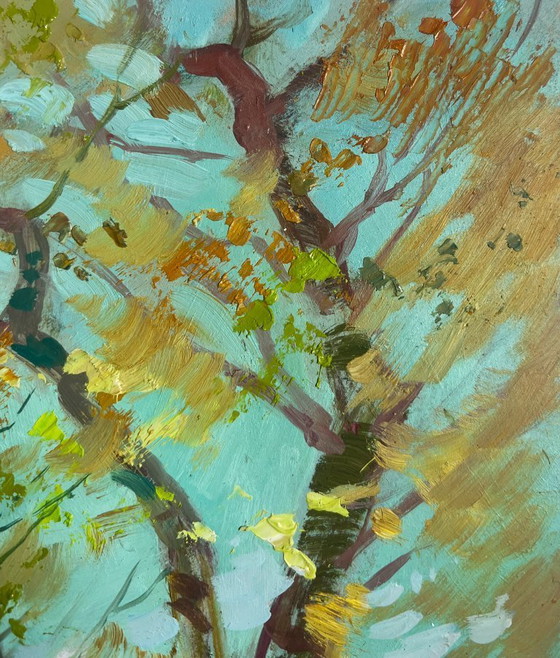 Image 1 of Peinture à l'huile originale représentant un paysage côtier d'automne par temps venteux au bord de la rivière