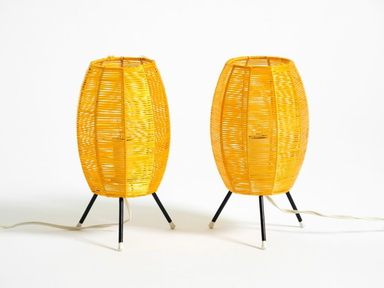 Image 1 of Two beautiful Mid Century modern tripod raffia table lamps