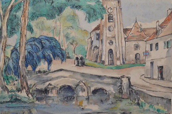 1929 Ogui Paisaje de Pueblo Modernista Europeo Acuarela y Gouache – Pinturas y dibujos, Paper (photo 9 of 10)