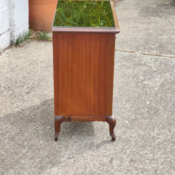 Antieke Franse art-deco console met marqueterie, houten kast met glazen blad, jaren 30 – Ladekasten, Glass (photo 5 of 21)