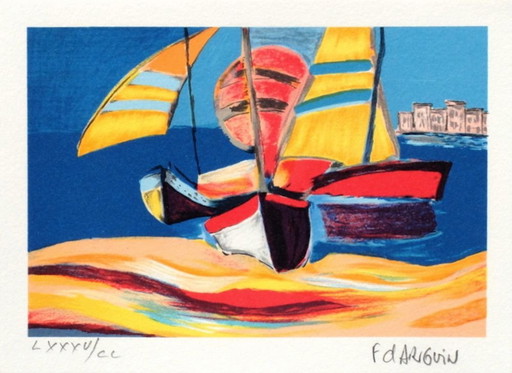 François D'ARGUIN Piccola serie: barche a vela sulla spiaggia Litografia firmata 1994