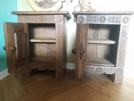 Unieke Set Handgemaakte Antieke Arts&Crafts Art-Nouveau Eikenhouten Kastjes Halkastjes Nachtkastjes, (photo 10 of 15)