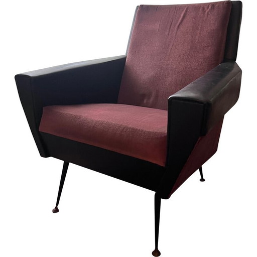 Poltrona vintage in similpelle nera e velluto rosa, anni '50