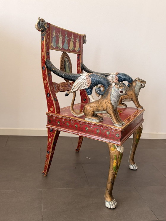 Pair of Maharaja Throne Armchairs “Tiger & Peacock” Rajasthan, India '90 – Side chairs, Wood (photo 2 of 6)
