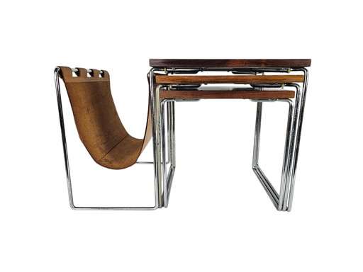 Dutch Design - Brabantia Holland - Mime Set - Reading Rack - Vintage Side Table With Cognac Saddle Leather Reading Rack - 60's