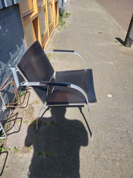 Image 1 of 1 x set of 2 IKEA lounge chairs by Tord Björklund 1990s leather and aluminium