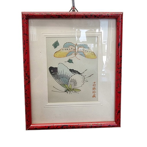 Ensemble de 3 estampes chinoises de papillons sur soie – vers 1950-1970 – wanddecoratie, Silk (photo 2 of 6)