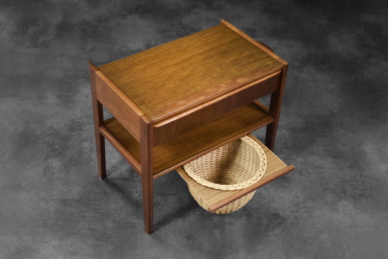 Image 1 of Vintage Mid-century Danish Modern Teak Thread Side Table with Wicker Basket, 1960s