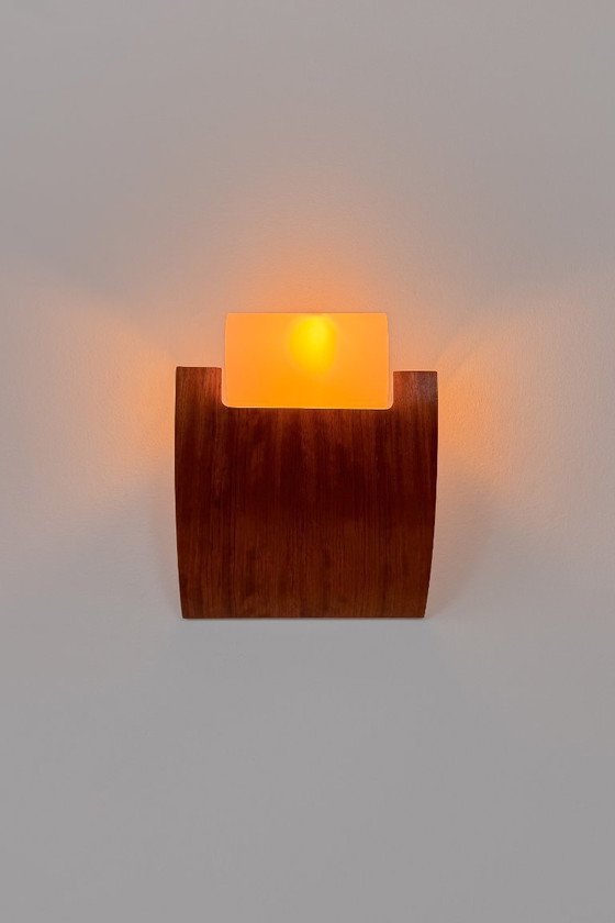 Vintage wooden and opaline Wall light, France 1970, Glass, Brown, Design (photo 5 of 5)
