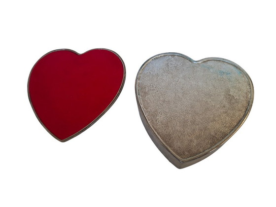 Image 1 of Heart-Shaped Metal Jewelry Box with Gold Bow and Red Velvet Interior