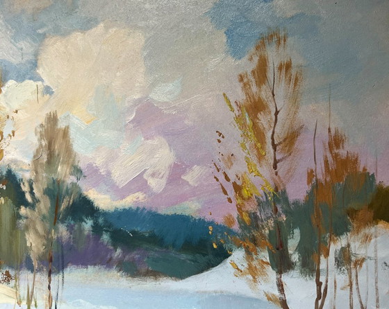 Image 1 of Original Oil Painting Winter Forest Landscape Winter breeze in the forest