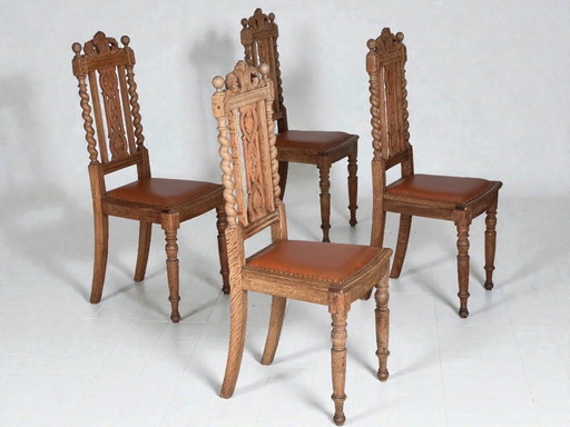 1930s, set of 4 Danish dining chairs, carved oak wood, furniture leather.