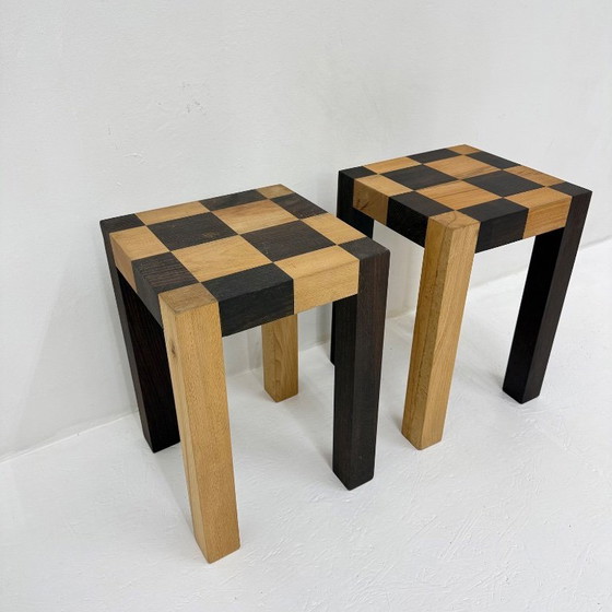 Image 1 of Set of 2 vintage wooden side tables, brown and light wood