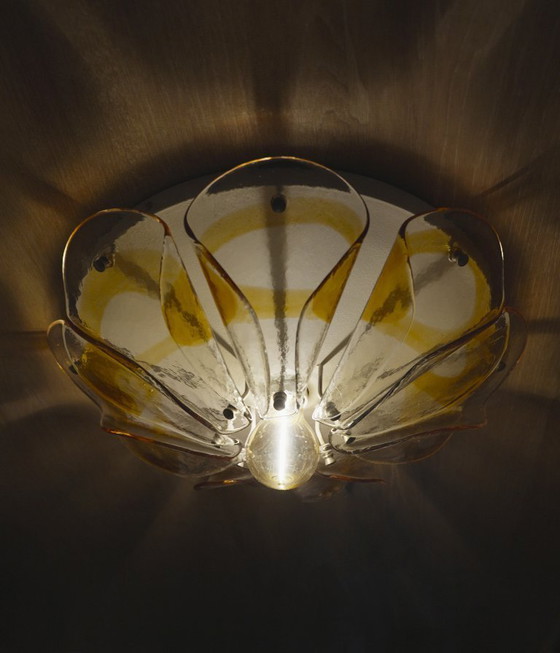Image 1 of 1970s Amber Glass Petal Ceiling Light, Murano Style Flush Mount, Vintage Hand-Blown Mid Century MCM Lamp