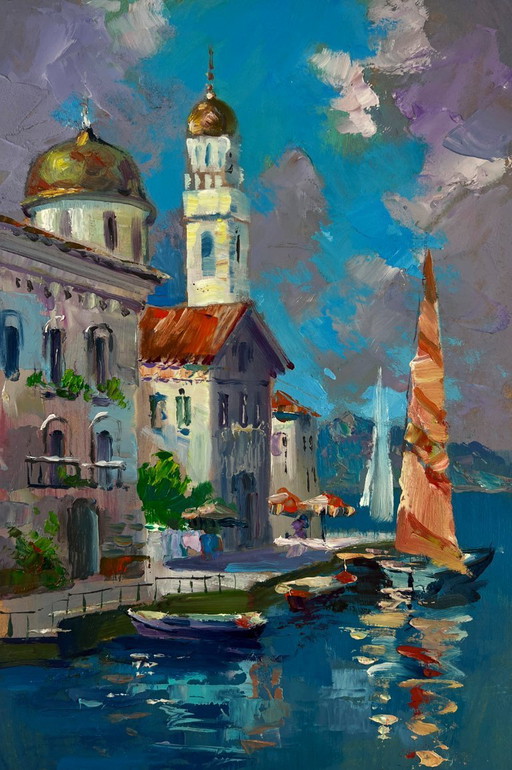 Dipinto ad olio originale, paesaggio urbano costiero. Il mare accarezza dolcemente gli edifici.