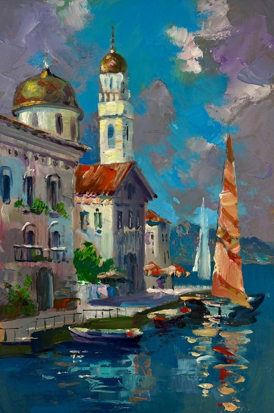 Image 1 of Original Oil Painting Coastal City Landscape The sea gently caresses the buildings