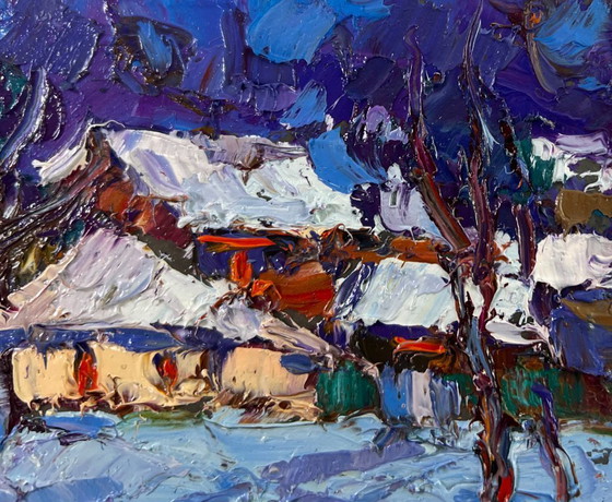 Image 1 of Original Oil Painting Night Village Landscape Moonlight winter light