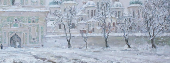 Original Oil Painting Winter Architecture Temple Snow Covered Church – Paintings & Drawings, Canvas (photo 5 of 5)