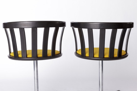 Image 1 of Paar Vintage draaistoelen - jaren 1970 Duits ontwerp - zwart gelakt beuken & chroom - gele bekleding - gerestaureerd Mid Century