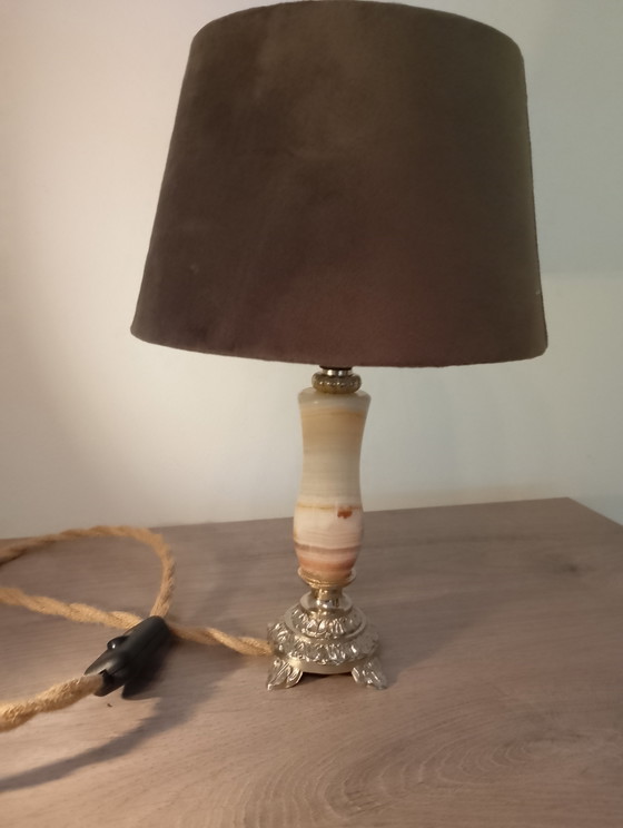 Image 1 of Kleine lamp van brons en onyx in uitstekende staat, opnieuw bedraad met gevlochten linnen kabel.