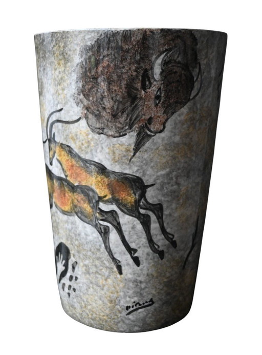 Vaso Vallauris, anni '50 – Decoro preistorico "Lascaux" – Decorazione dipinta a mano – H. 26,5 cm