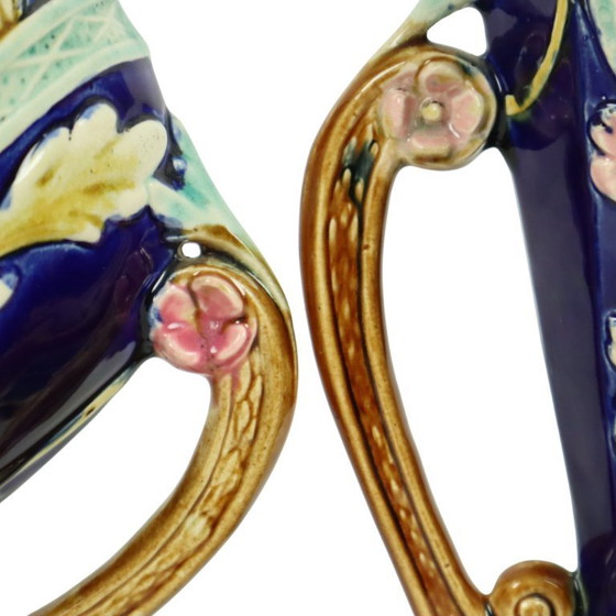 Image 1 of Art Nouveau Barbotine Majolica Vazen Jardinière Set van 3