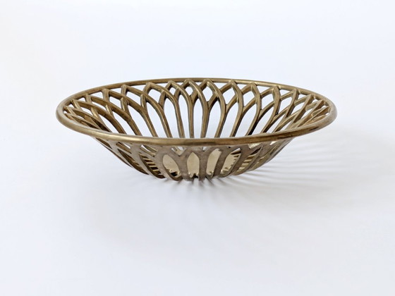 Image 1 of 1960s Midcentury Openwork Floral Decorative Bowl, Heavy Solid Brass Centerpiece