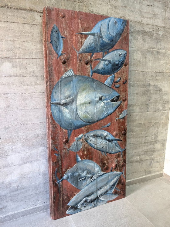 19e-eeuwse Spaanse boerderijdeur met geschilderd tonijn-zeemuurwerk – Wanddecoratie, Wood (photo 2 of 20)