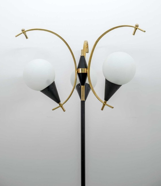 Image 1 of Stilnovo Mid-Century Modern Italian Brass and Opaline Glass Floor Lamp, 1950s