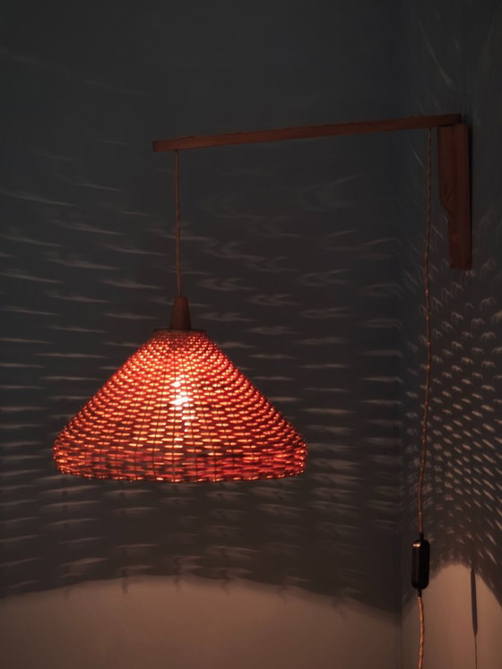Czechoslovak Rattan and Wood Swing Arm Wall Lamp, 1960s, Wall lights, Brown (photo 3 of 12)