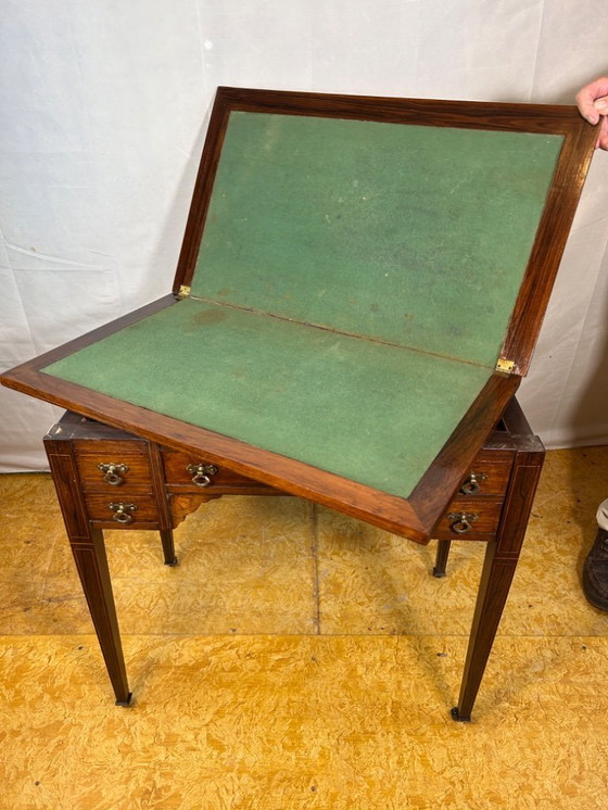 Image 1 of Antique Edwardian Rosewood Inlaid Desk / Transforming Games Table (1900–1910)  A Masterpiece of Dual-Function Design with Exquis