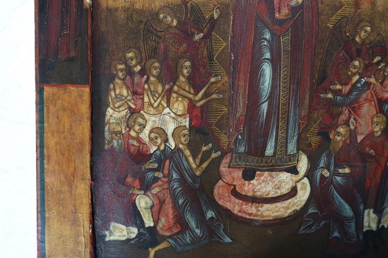 Image 1 of Icona religiosa tradizionale del XIX secolo in legno di quercia Madre di Dio, gioia di tutti i dolenti