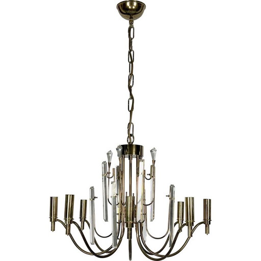 Vintage brass and glass Stilkronen chandelier, Italy 1970s