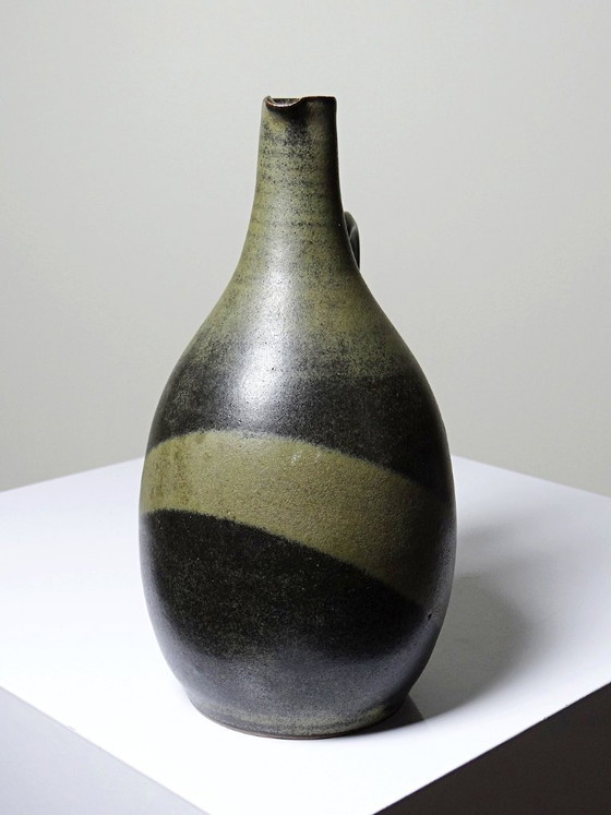 Image 1 of Vintage 1960s-1970s glazed stoneware pear-shaped pitcher/jug