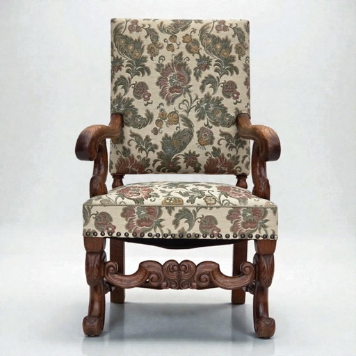 Poltrona scandinava con schienale alto, anni '50, tessuto per mobili, legno di quercia intagliato a mano.