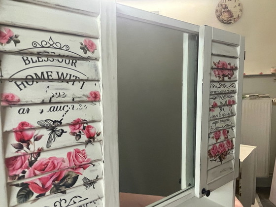Shabby Chic Mirror Cabinet with Rose Motif, Vintage Unique Piece, Storage cabinet, Wood, Multi Color (photo 3 of 7)