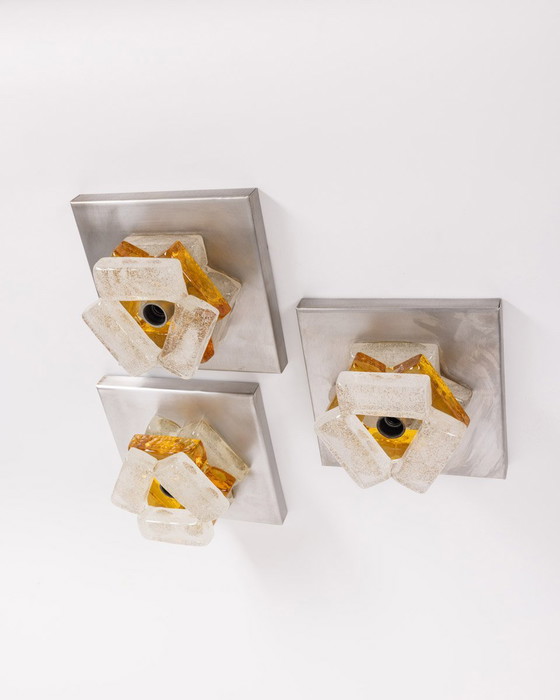 Image 1 of Set of 3 Vintage Wall Lamps from the 60s Murano Glass Designed by A. Poli for Poliarte