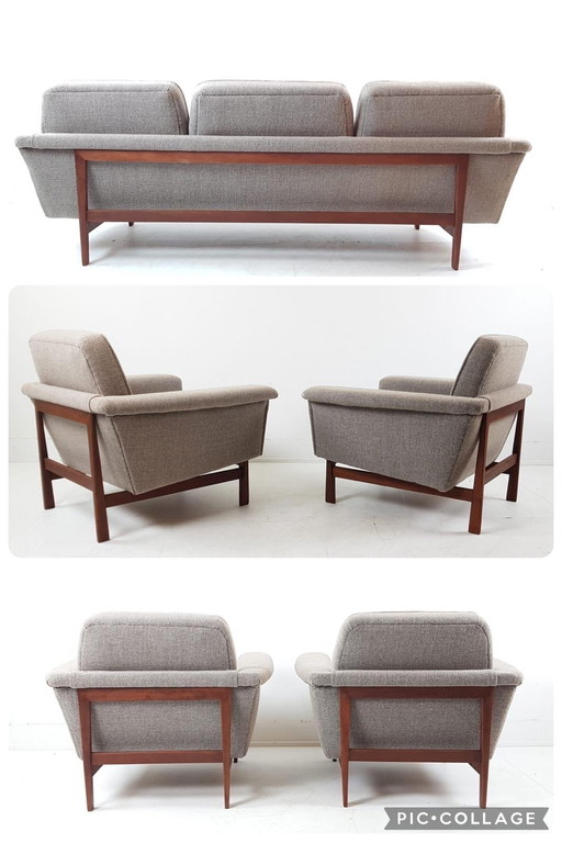 Vintage teak wood sofa set | sofa + 2 armchairs beige wool De Ploeg