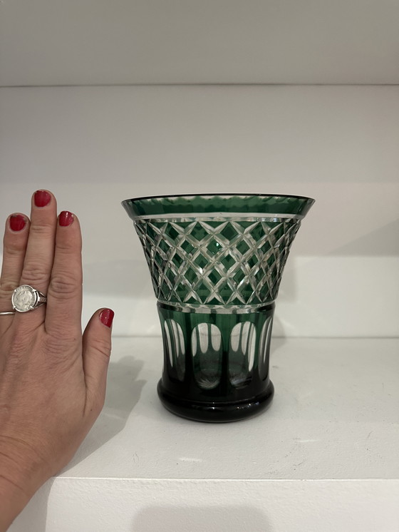 Image 1 of Dark Green Cut Crystal Vase Val Saint Lambert