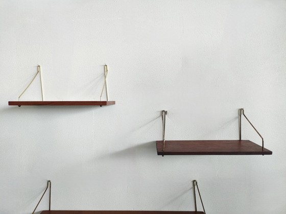 Set van 3 Vintage Teak Wandplankjes met Messing Beugels – Jaren '60 Mid-Century Deens Design – Wandrek, Wood (photo 14 of 52)