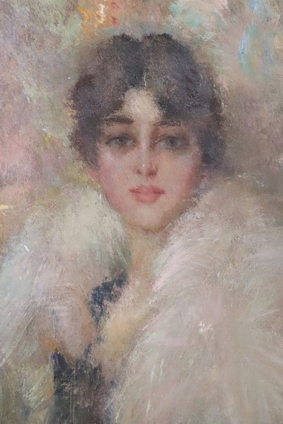 Image 1 of Olieverfschilderij op canvas, Portret van een jonge vrouw, Italië Gesigneerd en gedateerd 1917
